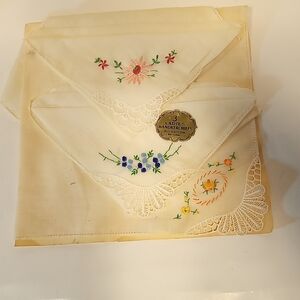 Embroidered Handkerchief Set  Cream with Floral Designs, Vintage, Hand Embroidry
